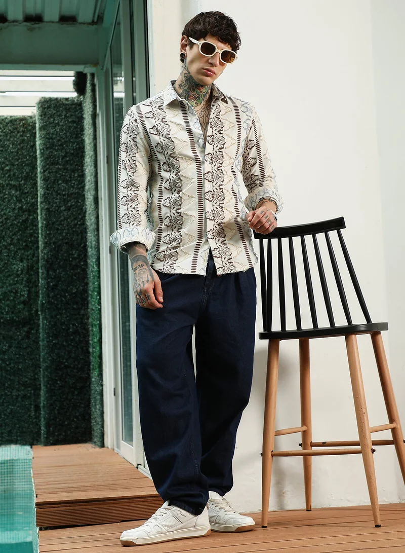 CAHOOT  Men's Off White Self Design Cotton-Poly Blend Full Sleeve Shirt for Men | Best Price UAE