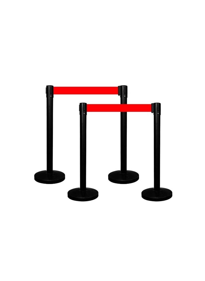 BERRY - Berry Black Queue Barrier with Red Retractable Belt – 4-Way Connectable, 2m Nylon Belt, Durable Powder-Coated Iron Finish for Crowd Control & Event Management (4 Pcs) - Image 1