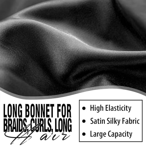 WOZUTUNT 2Pcs Bonnets for Black Women Braid Bonnet, Large Long Satin Bonnet for Braids, Silk Bonnet with Stretchy Tie Band Sleep Cap Hair (2Pcs-Black&Green) - Image 4