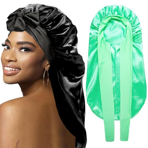 WOZUTUNT 2Pcs Bonnets for Black Women Braid Bonnet, Large Long Satin Bonnet for Braids, Silk Bonnet with Stretchy Tie Band Sleep Cap Hair (2Pcs-Black&Green) - Image 1