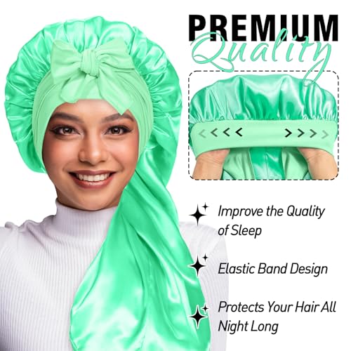 WOZUTUNT 2Pcs Bonnets for Black Women Braid Bonnet, Large Long Satin Bonnet for Braids, Silk Bonnet with Stretchy Tie Band Sleep Cap Hair (2Pcs-Black&Green) - Image 2