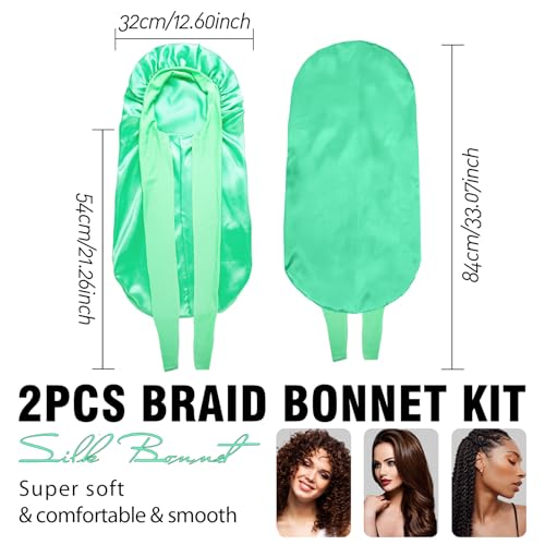 WOZUTUNT 2Pcs Bonnets for Black Women Braid Bonnet, Large Long Satin Bonnet for Braids, Silk Bonnet with Stretchy Tie Band Sleep Cap Hair (2Pcs-Black&Green) - Image 5