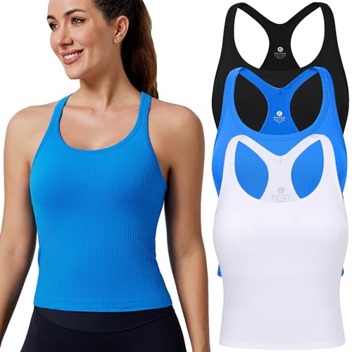 Evercute Womens 123 Pack Ribbed Workout Tank Tops with Built in Bra Racerback Seamless Crop Tank Tops Camisole Sport Tanks