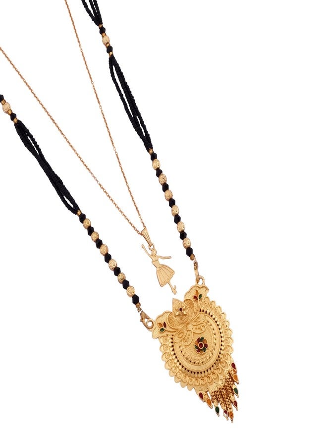 MALKYN Women's Gold Plated Floral Motif Mangalsutra with Red and Green Enamel Accents and Ballerina Pendant Layered Necklace Set, Traditional Black Beaded Wedding Jewelry-MD-147 - Image 1