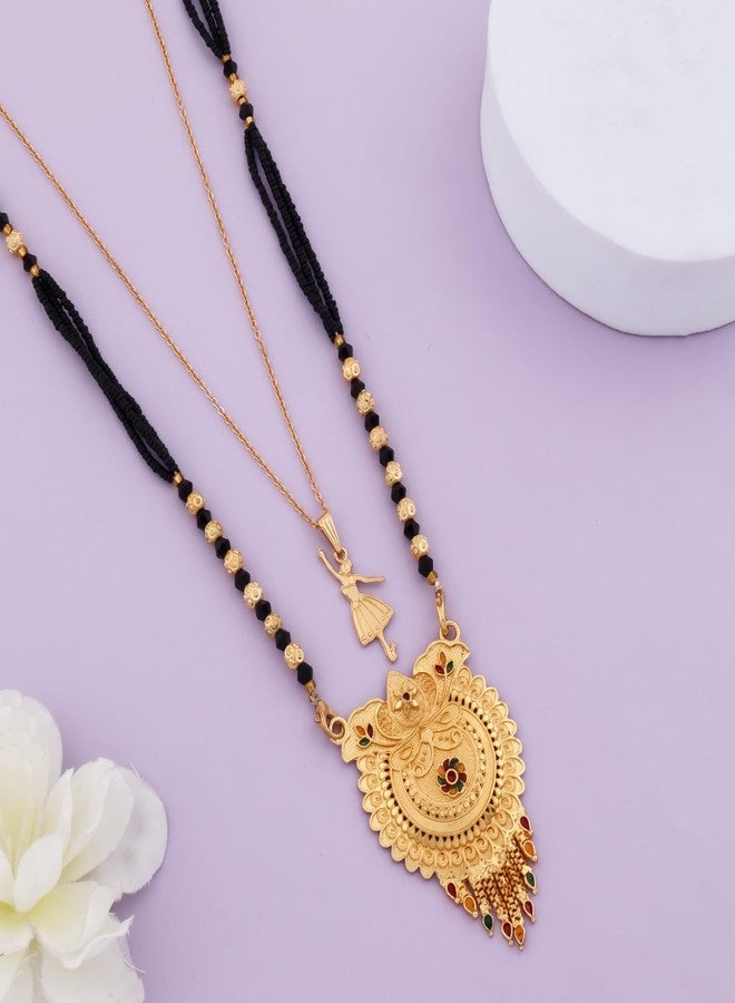 MALKYN Women's Gold Plated Floral Motif Mangalsutra with Red and Green Enamel Accents and Ballerina Pendant Layered Necklace Set, Traditional Black Beaded Wedding Jewelry-MD-147 - Image 2