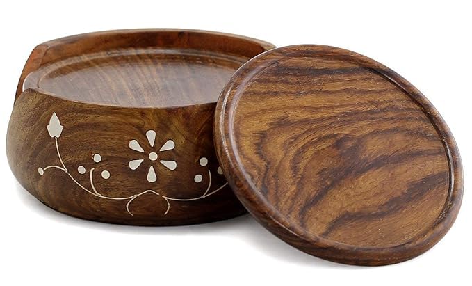 HICKORY Elegant Wooden Drink Coasters with Holder Set of 6 Lotus Design Ideal for Tabletop Protection Brown - Image 4