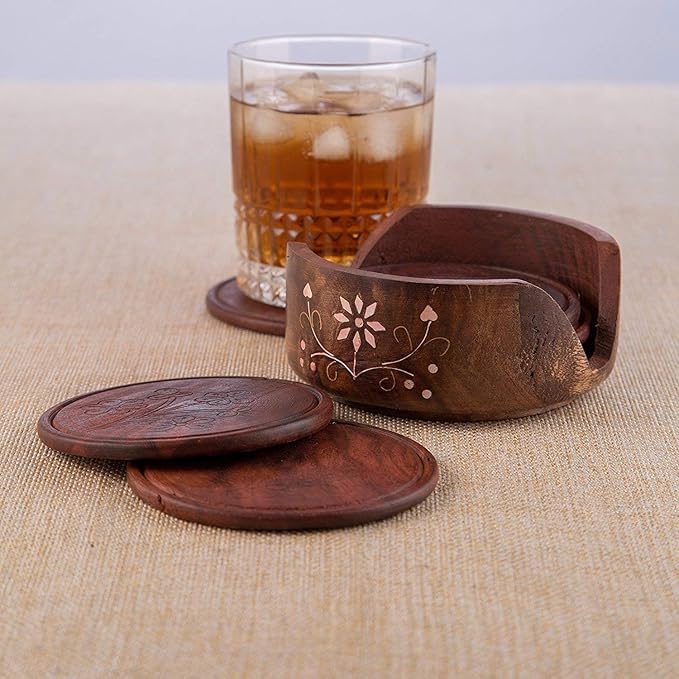 HICKORY Elegant Wooden Drink Coasters with Holder Set of 6 Lotus Design Ideal for Tabletop Protection Brown - Image 3