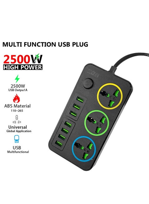 Multi functional socket power board, 7-hole USB, three sockets, intelligent wiring board for home and office use, 2500W high-power extension board with 2-meter extension cable, desktop USB charging station, suitable for all electronic devices, black color