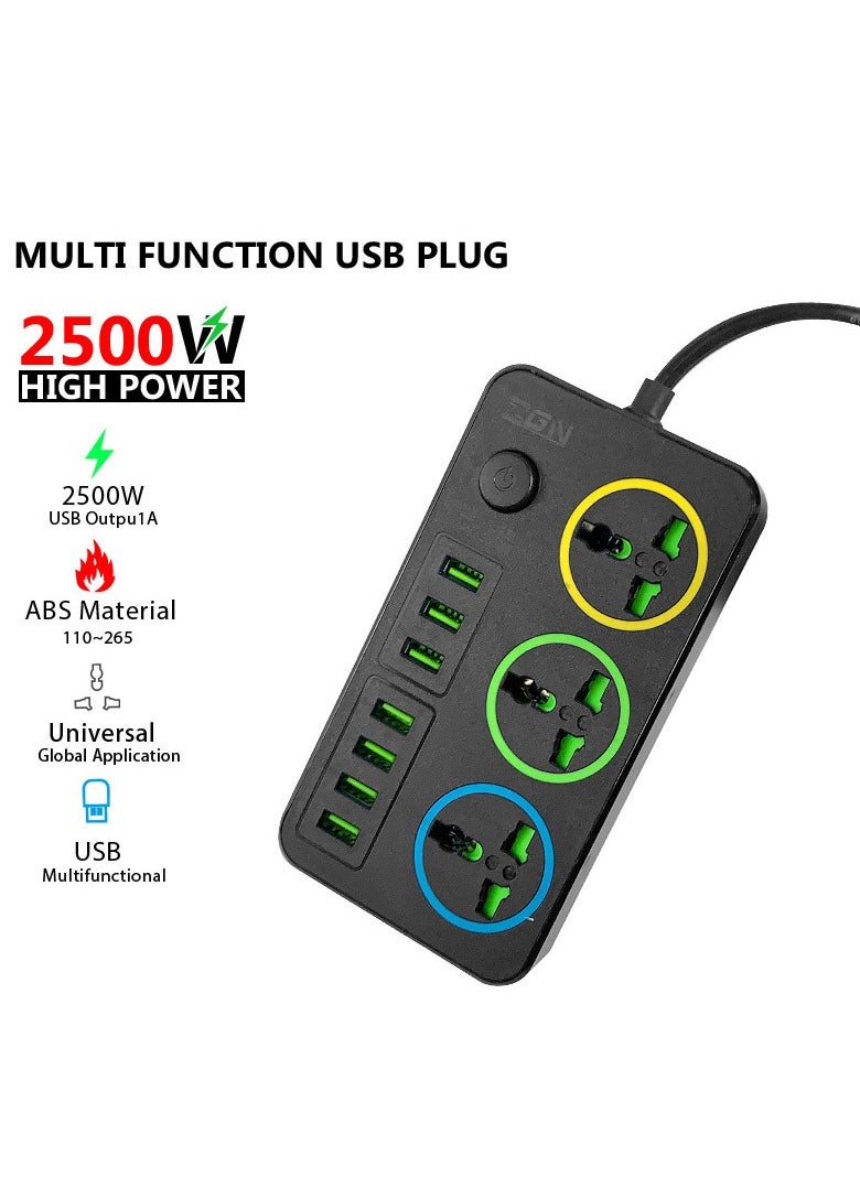 Generic - Multi functional socket power board, 7-hole USB, three sockets, intelligent wiring board for home and office use, 2500W high-power extension board with 2-meter extension cable, desktop USB charging station, suitable for all electronic devices, black color - Image 1