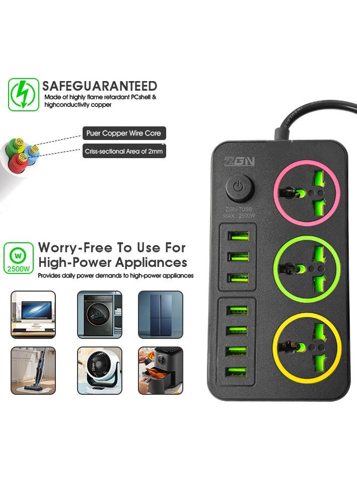 Generic - Multi functional socket power board, 7-hole USB, three sockets, intelligent wiring board for home and office use, 2500W high-power extension board with 2-meter extension cable, desktop USB charging station, suitable for all electronic devices, black color - Image 1