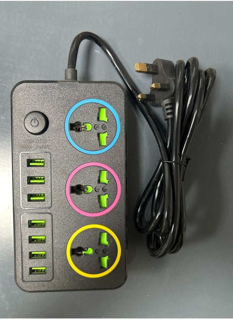 Generic - Multi functional socket power board, 7-hole USB, three sockets, intelligent wiring board for home and office use, 2500W high-power extension board with 2-meter extension cable, desktop USB charging station, suitable for all electronic devices, black color - Image 1