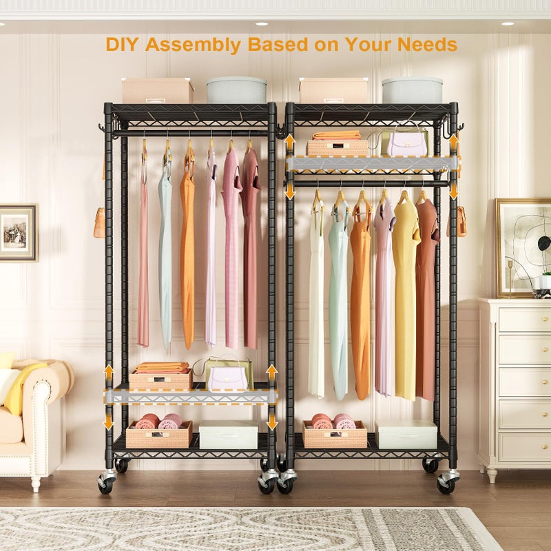 FUTASSI P6 Mini Rolling Clothes Rack Heavy Duty, Clothing Racks for Hanging Clothes, Freestanding Garment Rack with Wheels, Portable Closet Rack Max Load 360LBS, 23.6''W x 14''D x 74.6''H, Black - Image 5