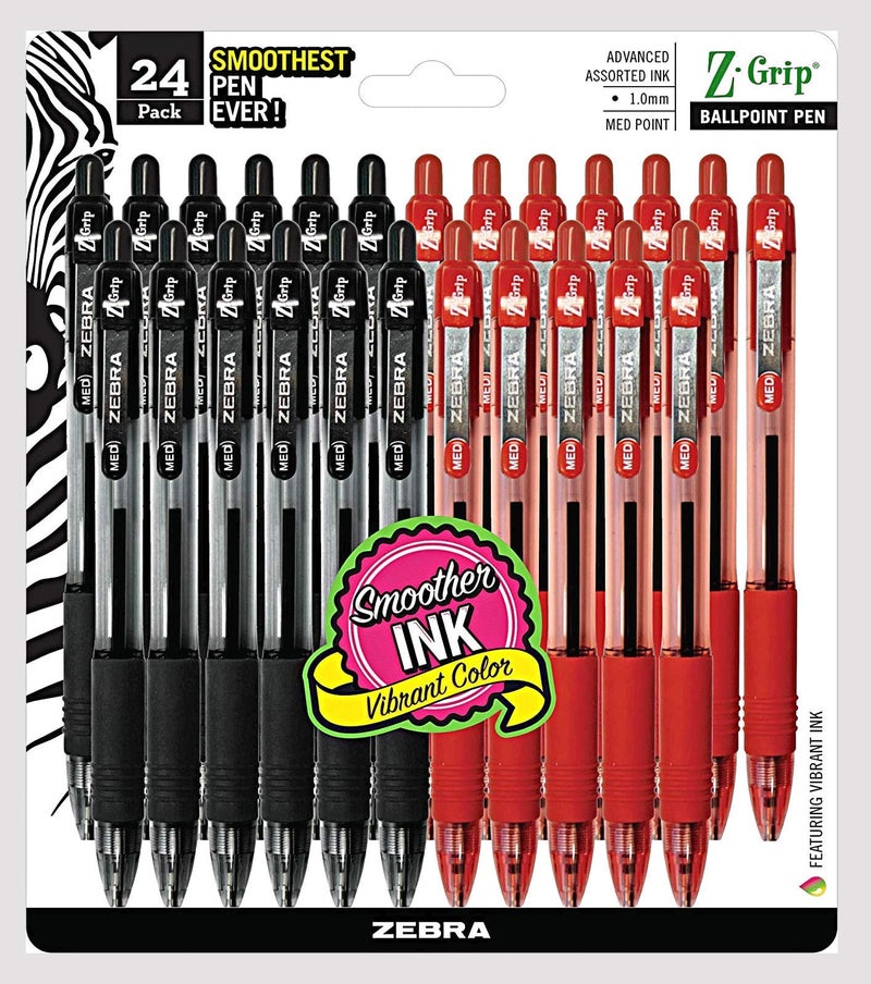 Zebra Pen Ballpoint, Bulk Pack of 24 Z-Grip Retractable Medium Point 1.0 mm, 12 Black Pens & 12 Red Pens Combo Pack - Image 1