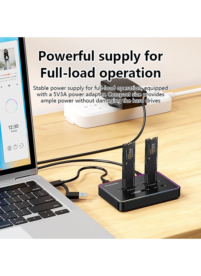 Generic Dual-Bay M.2 SSD Base NVMe/SATA One-Click Offline Copy 20G Transmission Solid State Drive Box ABS Material USB3.2 Gen2*2 Interface-Color:RGB Dazzle Lights ]  - Image 5
