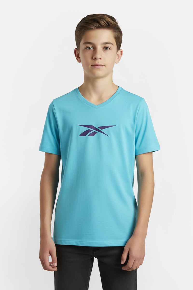 Reebok Kids Boy V Neck Short Sleeve Outdoor T-Shirt, Turquoise - Image 1