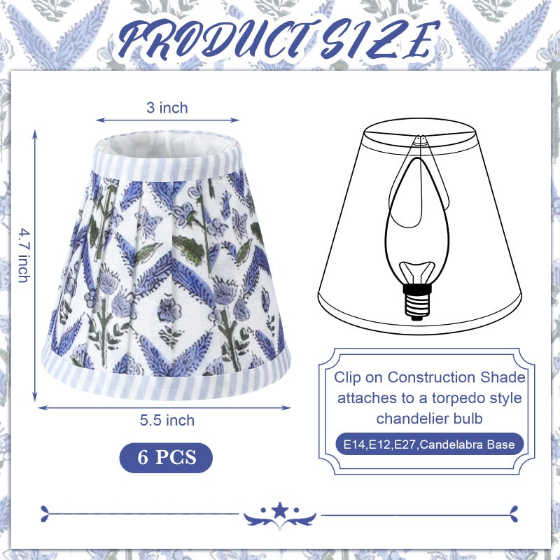 Grinsvalley 6 Set Pleated Block Print Light Blue Lamp Shade Mini 3" Top x 5.5" Bottom x 4.7" High Floral Blue Pleated Chandelier Shades Replacement Small Lamp Shades Clip on Bulb for Candelabra - Image 2