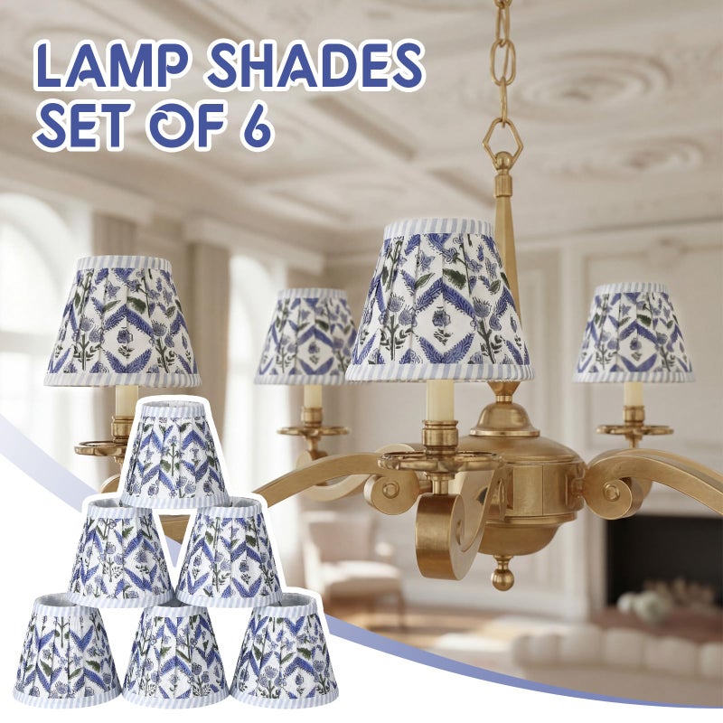 Grinsvalley 6 Set Pleated Block Print Light Blue Lamp Shade Mini 3" Top x 5.5" Bottom x 4.7" High Floral Blue Pleated Chandelier Shades Replacement Small Lamp Shades Clip on Bulb for Candelabra - Image 3