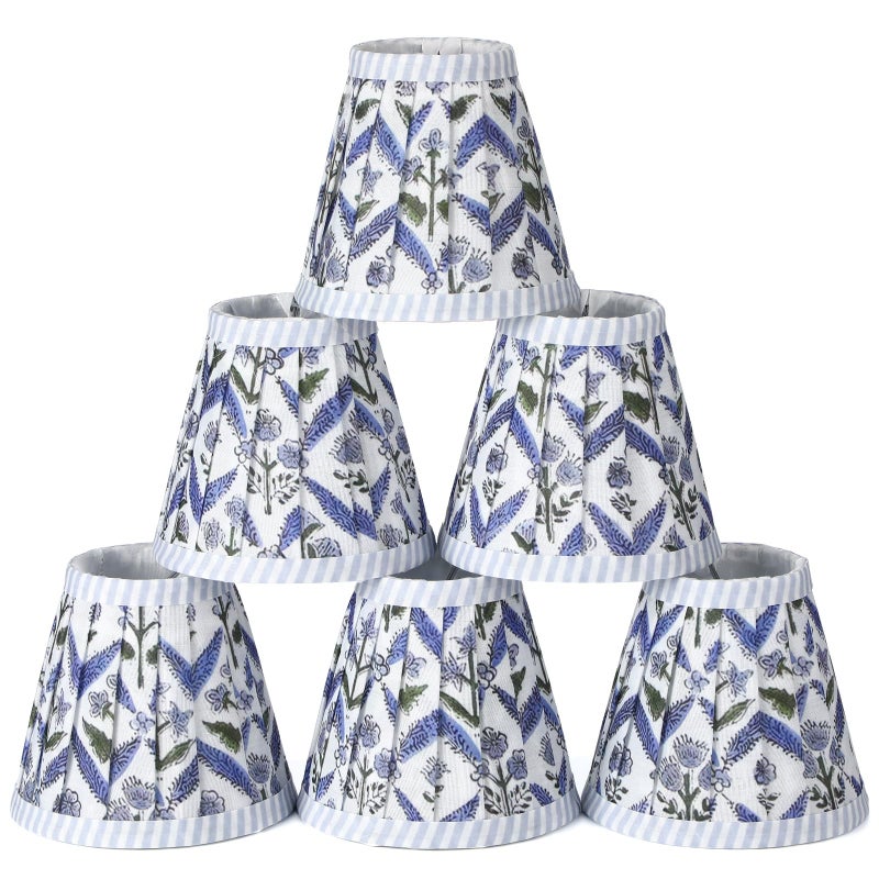 Grinsvalley 6 Set Pleated Block Print Light Blue Lamp Shade Mini 3" Top x 5.5" Bottom x 4.7" High Floral Blue Pleated Chandelier Shades Replacement Small Lamp Shades Clip on Bulb for Candelabra - Image 1