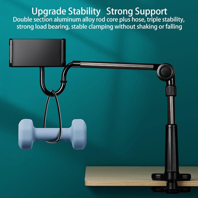 Tablet & Phone Clamp Holder with 360° Rotation, Sturdy Gooseneck Arm & Wide Compatibility for Desk Mount up to 11" Devices, Adjustable Aluminum Alloy Bracket - Image 3