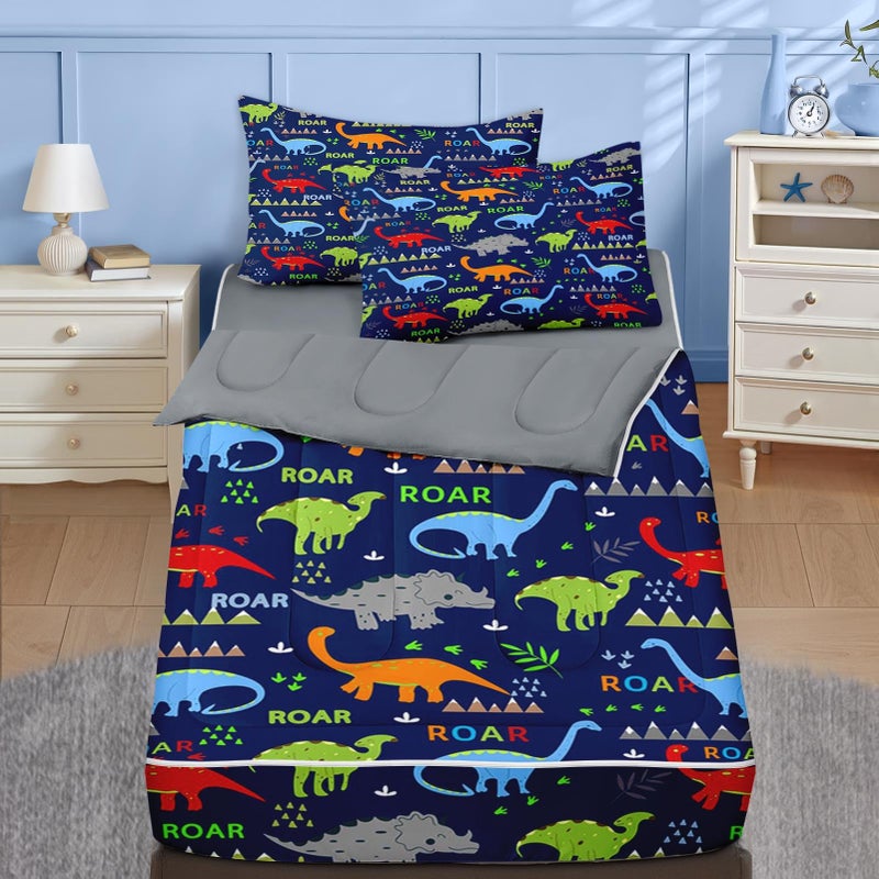 Nesker Zipper Bedding Twin Cartoon Dinosaur Zip Up Bedding Set for Boys and Kids, Wildlife Animal 3 Pcs Comforter Bed in a Bag with Fitted Sheet and 2 Pcs Pillowcases - Image 1