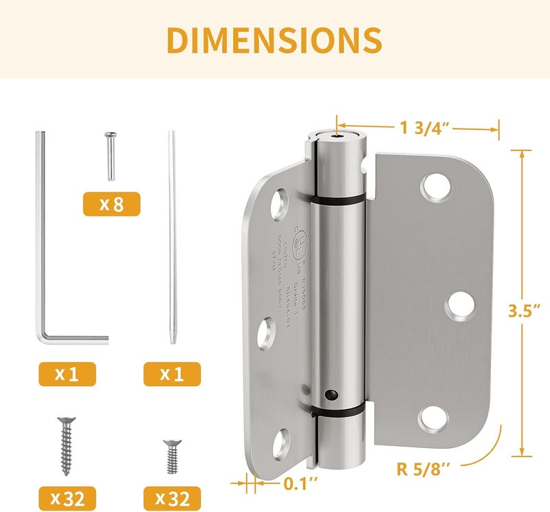 Luxbaro 4 Pack Self Closing Door Hinges, 3.5 Inch Spring Loaded Hinges with 5/8'' Radius Corners, Adjustable Tension for Garage, Front Door, Back Door, for Left and Right Hand Door, UL Listed - Image 2