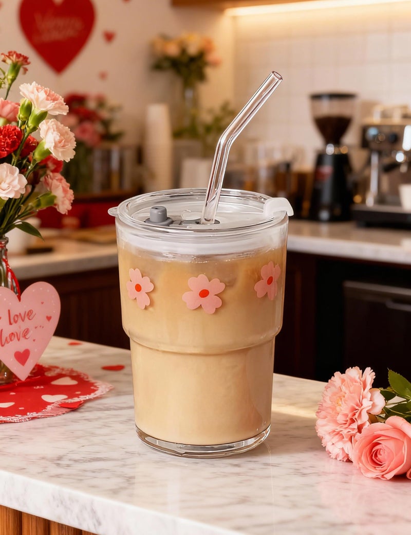 Olvini 13oz Glass Tumbler with Straw and Lid, Reusable Iced Coffee Cup Tumbler, Cute Glass Cups for Water, Matcha, Travel Coffee Mugs (Pink Flower) - Image 2