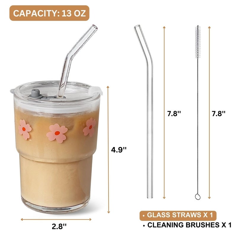 Olvini 13oz Glass Tumbler with Straw and Lid, Reusable Iced Coffee Cup Tumbler, Cute Glass Cups for Water, Matcha, Travel Coffee Mugs (Pink Flower) - Image 4