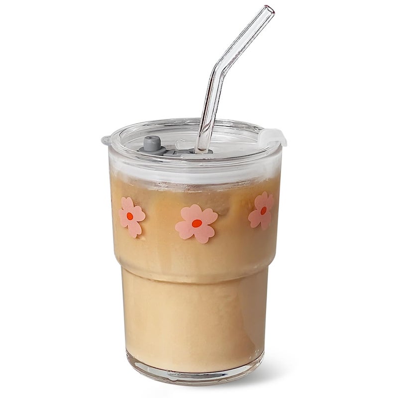 Olvini 13oz Glass Tumbler with Straw and Lid, Reusable Iced Coffee Cup Tumbler, Cute Glass Cups for Water, Matcha, Travel Coffee Mugs (Pink Flower) - Image 1