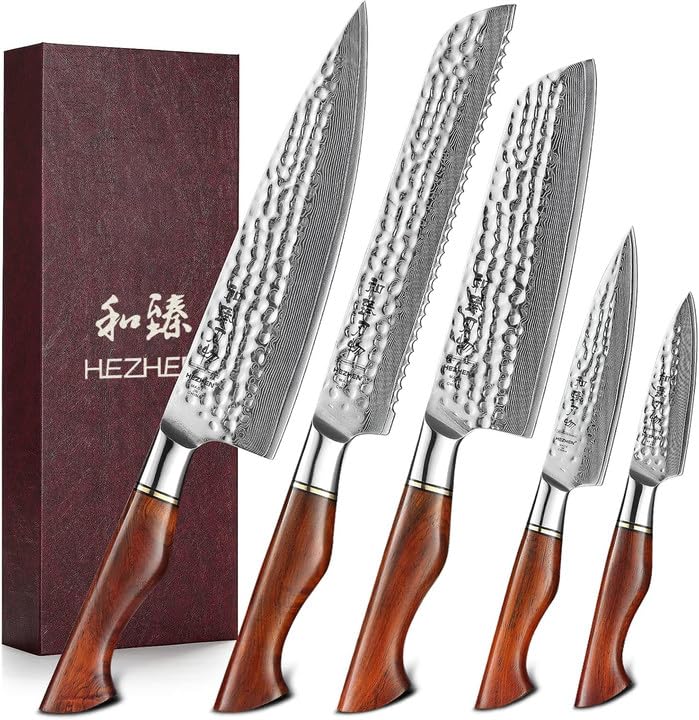 HEZHEN HEZHEN Damascus Knife Set 5PCSPremium Powder Steel Forged Hammered Pattern Rosewood Handle Home Cooking Kitchen Knives 
