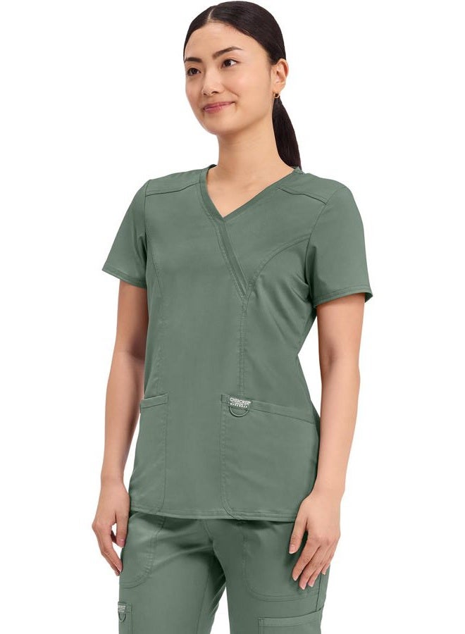 CHEROKEE Workwear Revolution WW610 Women's Mock Wrap Top, Olive, X-Small - Image 2