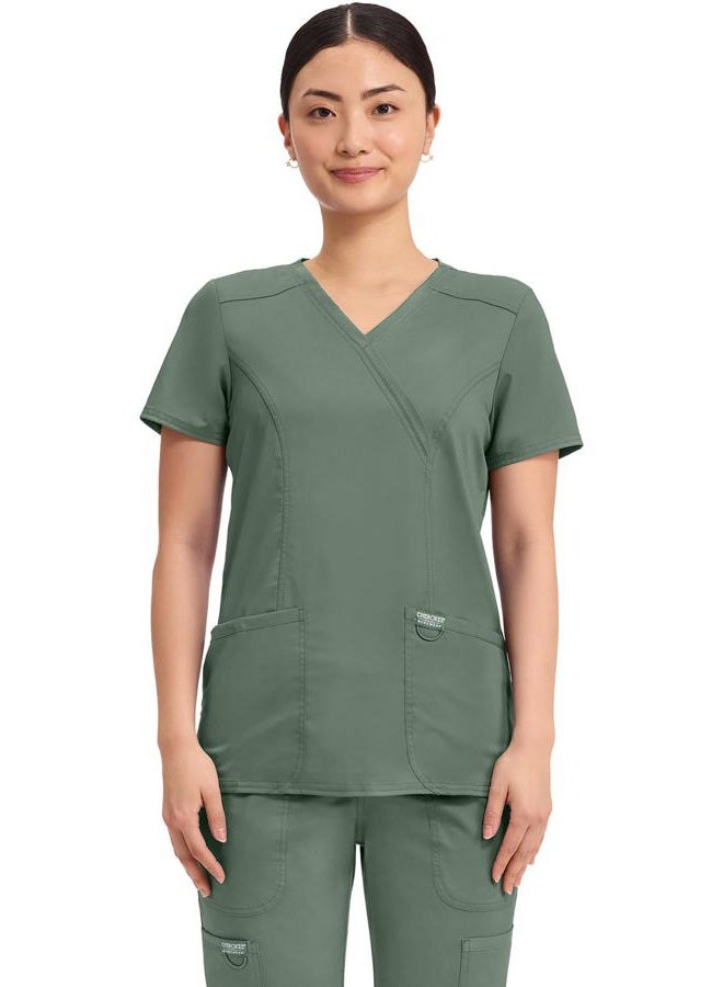 CHEROKEE Workwear Revolution WW610 Women's Mock Wrap Top, Olive, X-Small - Image 1