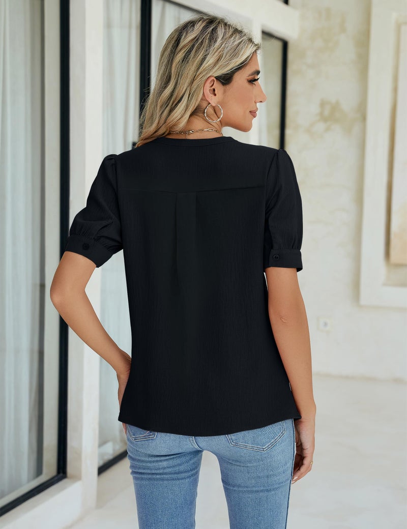 Blooming Jelly Womens Dressy Casual Tops Puff Sleeve Business Blouses Summer Keyhole Work Shirts 2025 (Large, Black) - Image 3