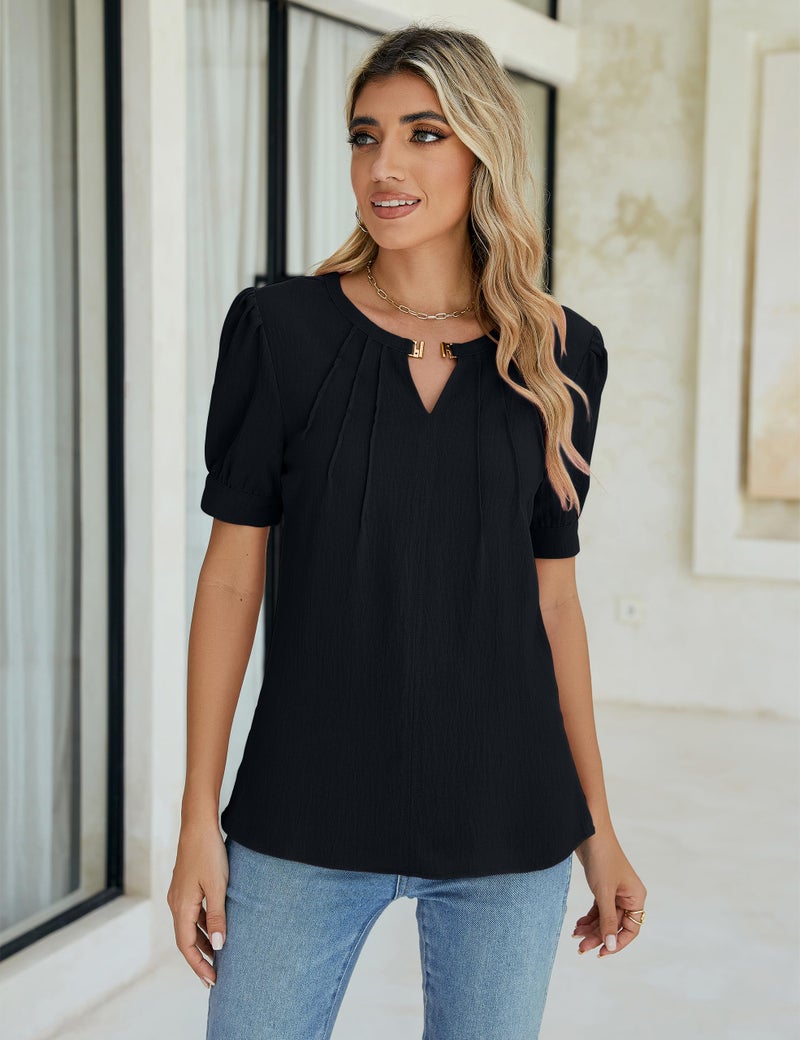 Blooming Jelly Womens Dressy Casual Tops Puff Sleeve Business Blouses Summer Keyhole Work Shirts 2025 (Large, Black) - Image 5