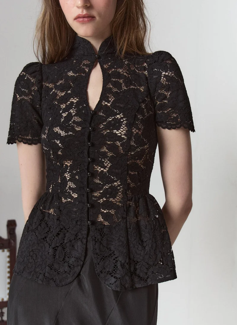 Lichi  Fitted guipure blouse with a teardrop neckline and peplum for Women | Best Price UAE