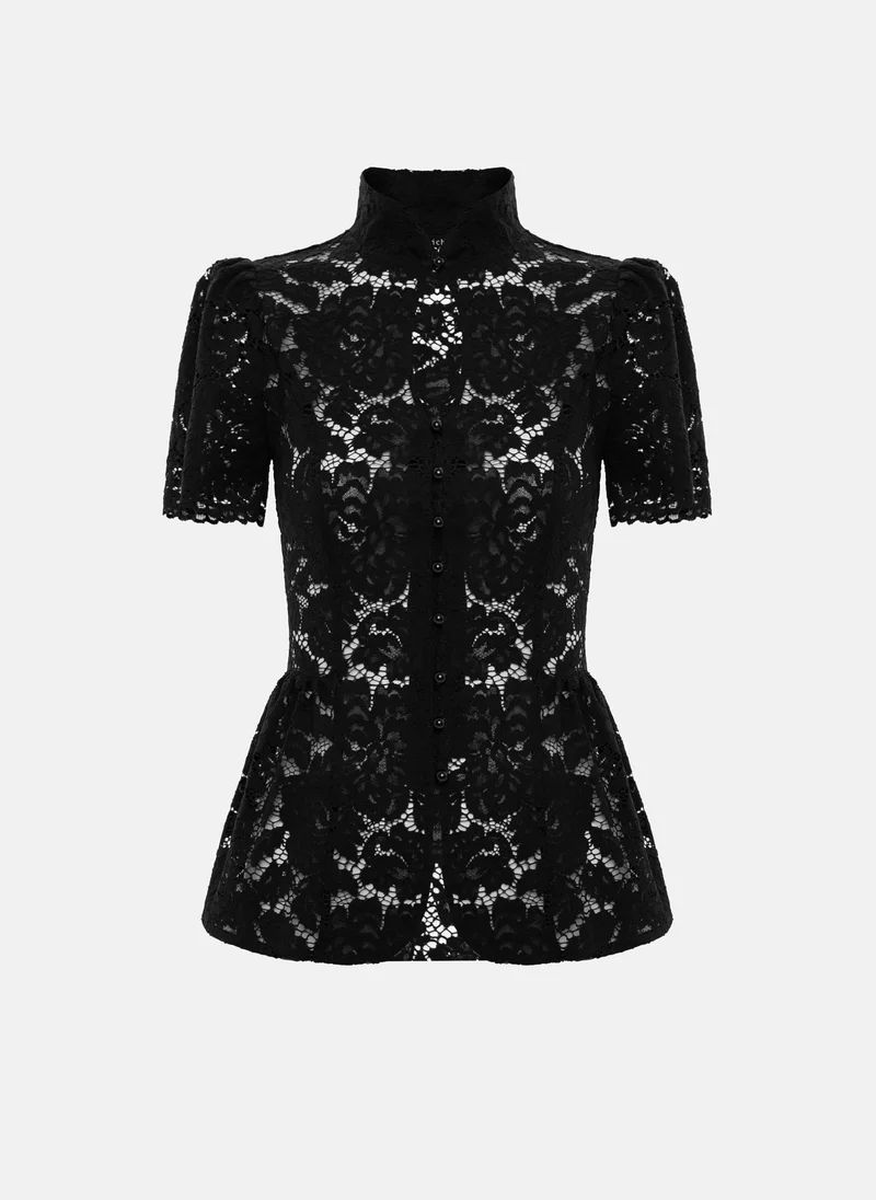 Lichi Fitted guipure blouse with a teardrop neckline and peplum