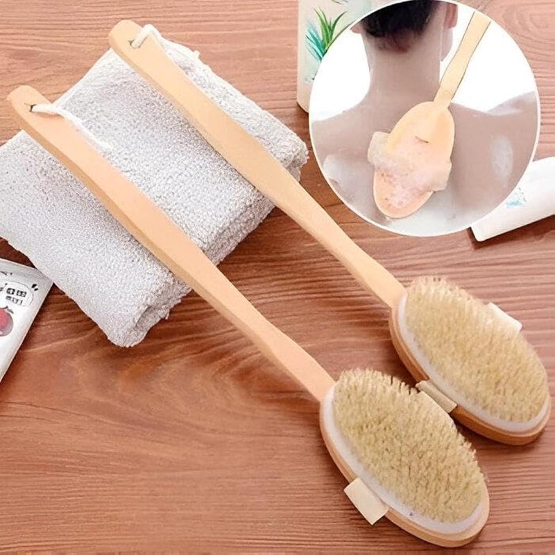 Shower Brush - Durable Long Wooden Handle Body Scrubber with White Sponge for Exfoliating and Cleansing Dry or Wet Skin (2PCS) - Image 1
