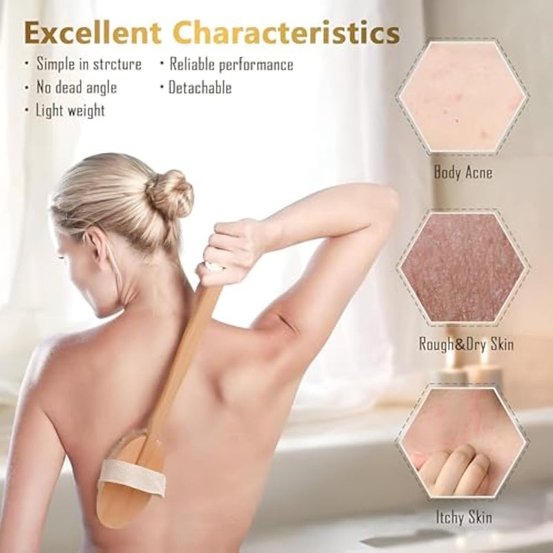 Shower Brush - Durable Long Wooden Handle Body Scrubber with White Sponge for Exfoliating and Cleansing Dry or Wet Skin (2PCS) - Image 3
