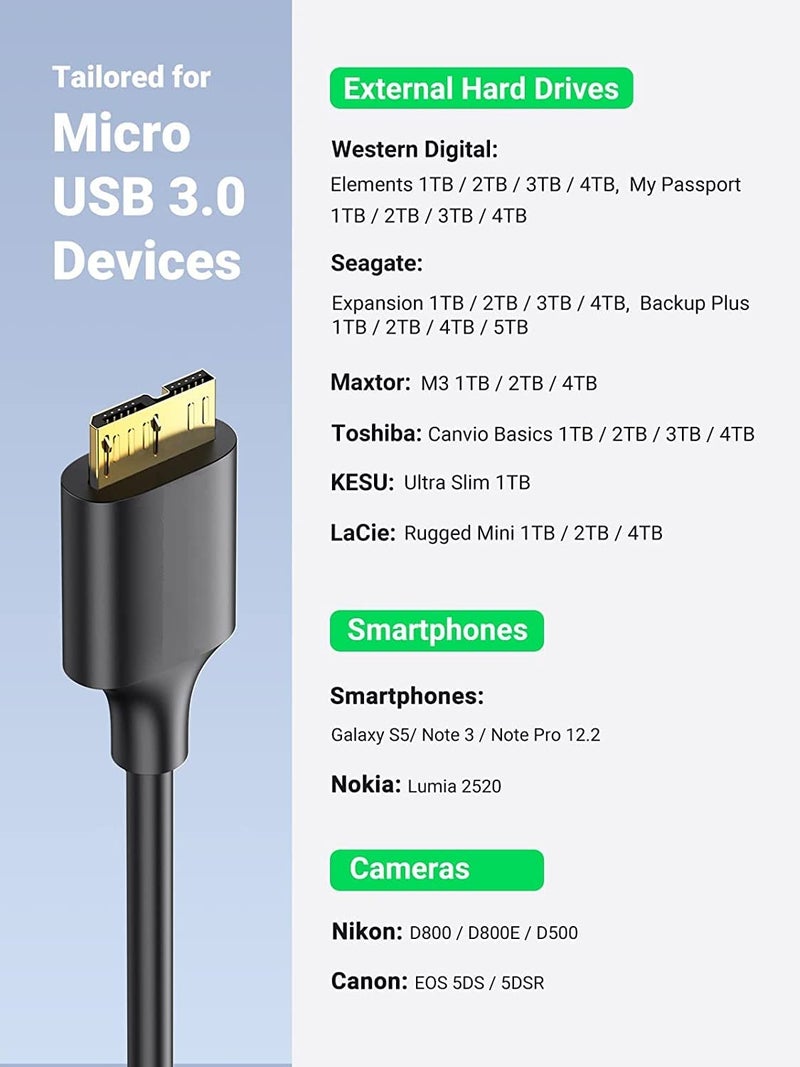 Nishtech كابل USB 3.0 A إلى Micro B عالي السرعة SuperSpeed لأقراص التخزين الخارجية WD/Seagate/Toshiba/Samsung/Hitachi، إلخ (أسود) - Image 3