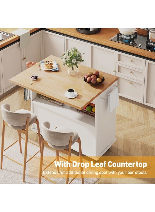knoworld Rolling Kitchen Island with Folding Drop Leaf Breakfast Bar, 35.4'' W Kitchen Cart with Storage Cabinet and 2 Drawers, Portable Mobile Kitchen Island Table with Towel Rack, Lockable Wheels, White - Image 2