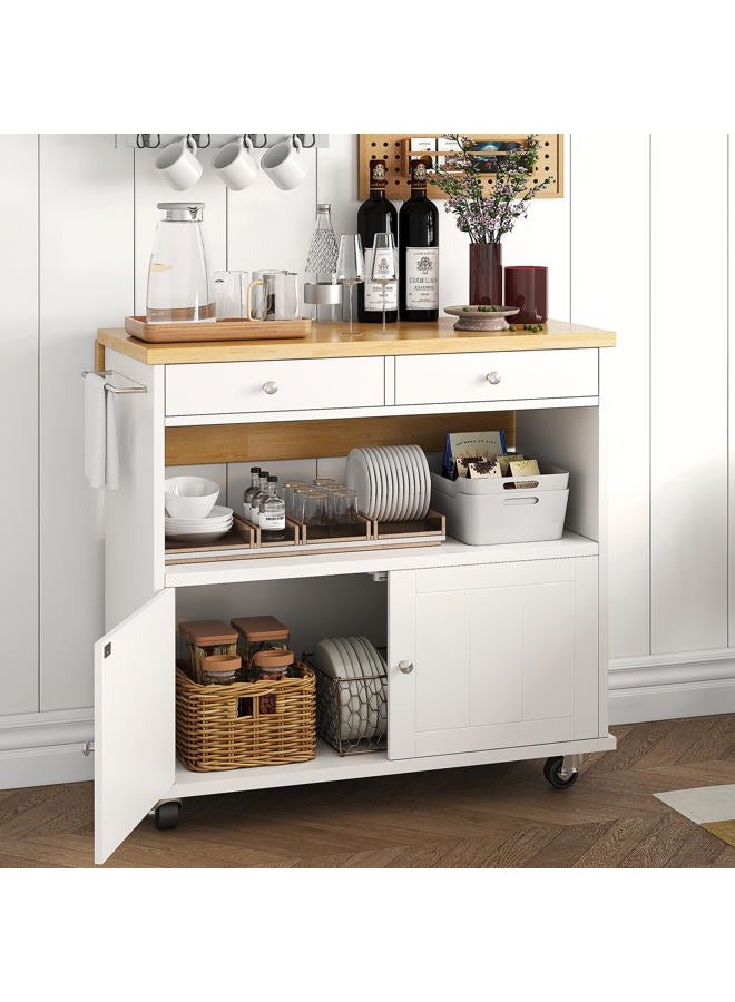 knoworld Rolling Kitchen Island with Folding Drop Leaf Breakfast Bar, 35.4'' W Kitchen Cart with Storage Cabinet and 2 Drawers, Portable Mobile Kitchen Island Table with Towel Rack, Lockable Wheels, White - Image 4