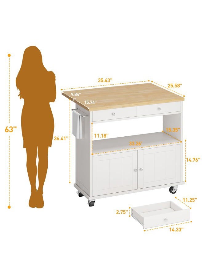 knoworld Rolling Kitchen Island with Folding Drop Leaf Breakfast Bar, 35.4'' W Kitchen Cart with Storage Cabinet and 2 Drawers, Portable Mobile Kitchen Island Table with Towel Rack, Lockable Wheels, White - Image 3