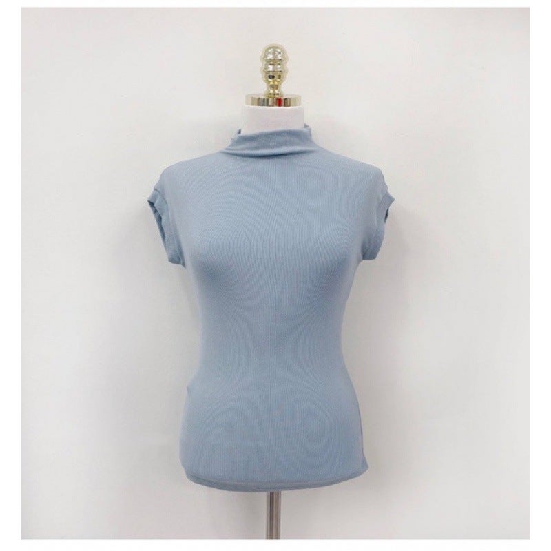 Chic design niche short white T-shirt womens short sleeve slim fit tight top T-shirt half turtleneck bottoming shirt Blue - Image 1