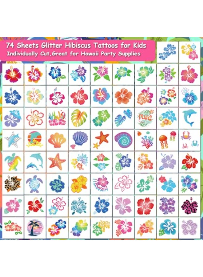 CHARLENT Glitter Hibiscus Temporary Tattoos for Aloha Party Decoration 74 Individually Sheets Glitter Hawaii Flower Tattoos for Kids Women Hawaiian Party Favors - Image 3