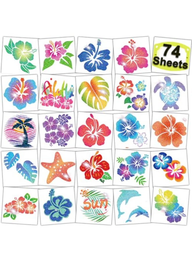 CHARLENT Glitter Hibiscus Temporary Tattoos for Aloha Party Decoration 74 Individually Sheets Glitter Hawaii Flower Tattoos for Kids Women Hawaiian Party Favors - Image 1