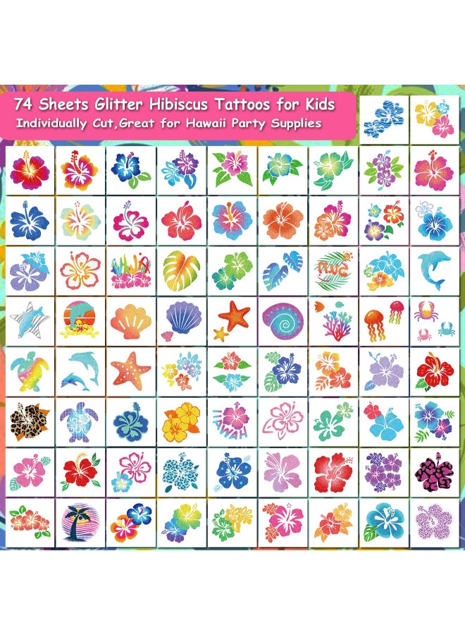 CHARLENT Glitter Hibiscus Temporary Tattoos for Aloha Party Decoration 74 Individually Sheets Glitter Hawaii Flower Tattoos for Kids Women Hawaiian Party Favors - Image 4
