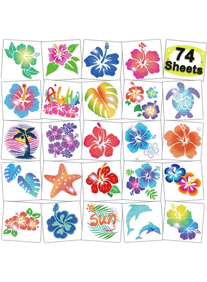 CHARLENT Glitter Hibiscus Temporary Tattoos for Aloha Party Decoration 74 Individually Sheets Glitter Hawaii Flower Tattoos for Kids Women Hawaiian Party Favors - Image 2