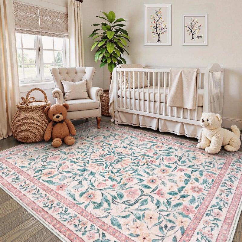 Collive Pink 5x7 Floral Area Rug Machine Washable Rug for Bedroom Girls Boho Non Slip Soft Ultra Thin Throw Indoor Rugs for Living Room Nursery Kids Playroom Dining Dorm