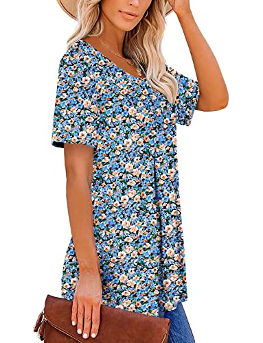 ROSELINLIN Womens Summer Tunic Tops Blue Flower Print Ruffle Loose Fit Soft Comfy Short Sleeve Shirts S - Image 3