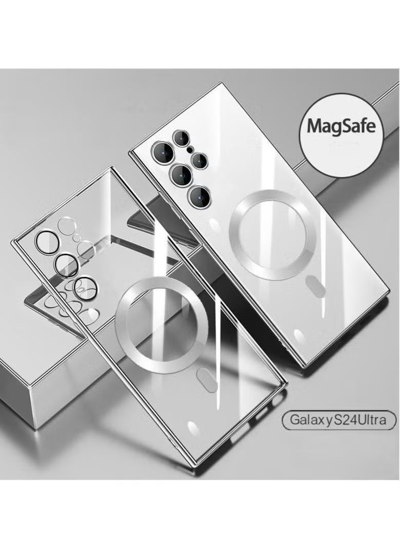 Case Cover Silver for Samsung Galaxy S24 Ultra with Support Magsafe Charger Charging Thin Shockproof Full Protection Plating Anti-Scratch Slim Thin Case Cover - Image 1