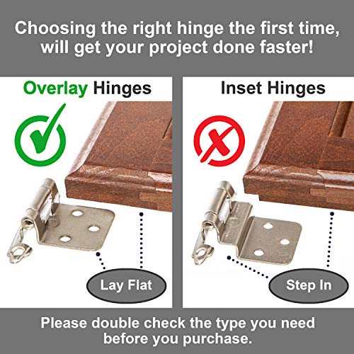 DecoBasics Cabinet Hinges Brushed Nickel for Kitchen Cabinets Doors (1 Pair -2 Pcs) -1/2" Overlay (Variable) -Self Closing Kitchen Cabinet Hinges Flush Mount w/Silicon Bumpers & Hardware Screws - Image 3